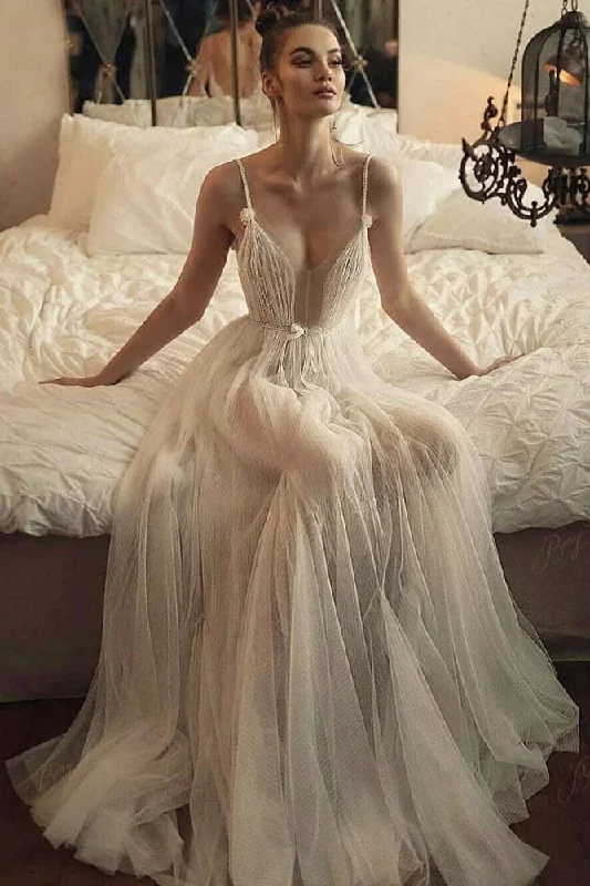 Affordable Women's Outfit Seasonal Picks Beaded Tulle Skirt Spaghetti Straps Long Wedding Gown Beach A line Illusion Women Bride Dress