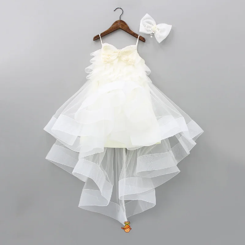 Women's Clothing Apparel Sets Sophisticated Street Style Offers Stylish Off White Trail Dress With Bowie Pearl String Hair Clip