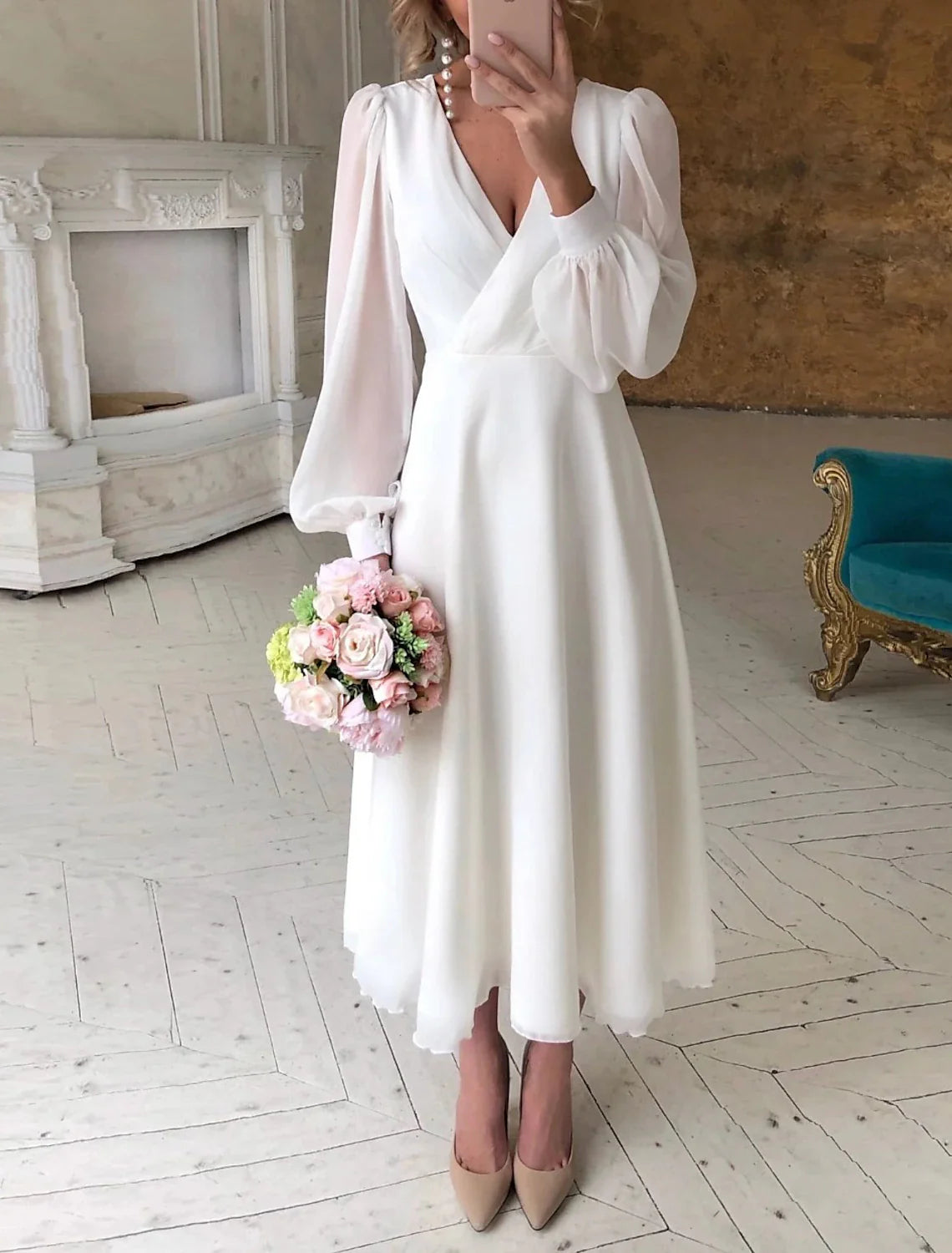 Women's Vacation Outfit Edgy Fashion Deals Reception Little White Dresses Wedding Dresses A-Line V Neck Long Sleeve Ankle Length Chiffon Bridal Gowns With Solid Color