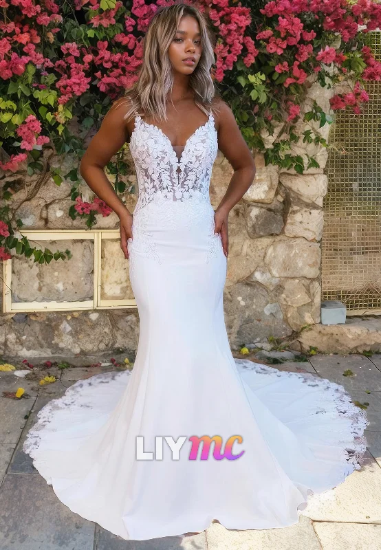 Comfortable Garments For Women Stay Ahead In Style LW056 - Elegant Mermaid/Trumpet Spaghetti Straps Lace Satin Long Wedding Dress