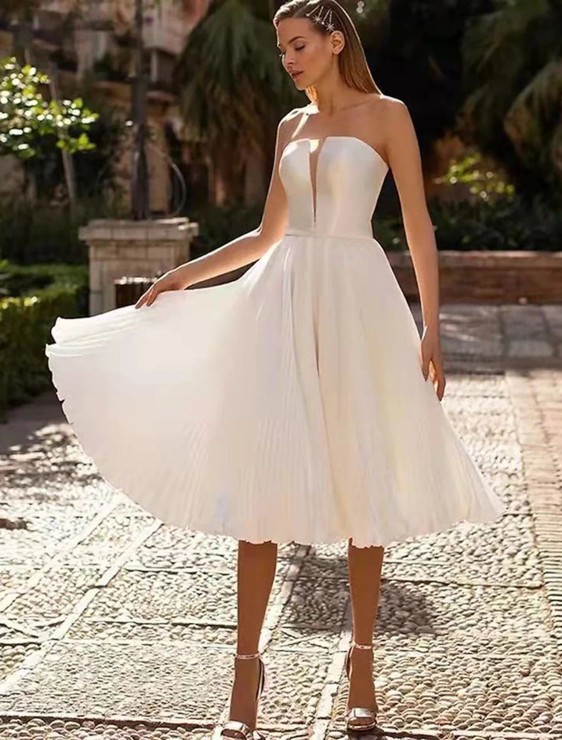 Women's Functional Outdoor Garments Hot Brand Discounts Reception Little White Dresses Wedding Dresses A-Line Sweetheart Strapless Tea Length Satin Bridal Gowns With Sash / Ribbon Solid Color Summer Wedding Part Women's Clothing