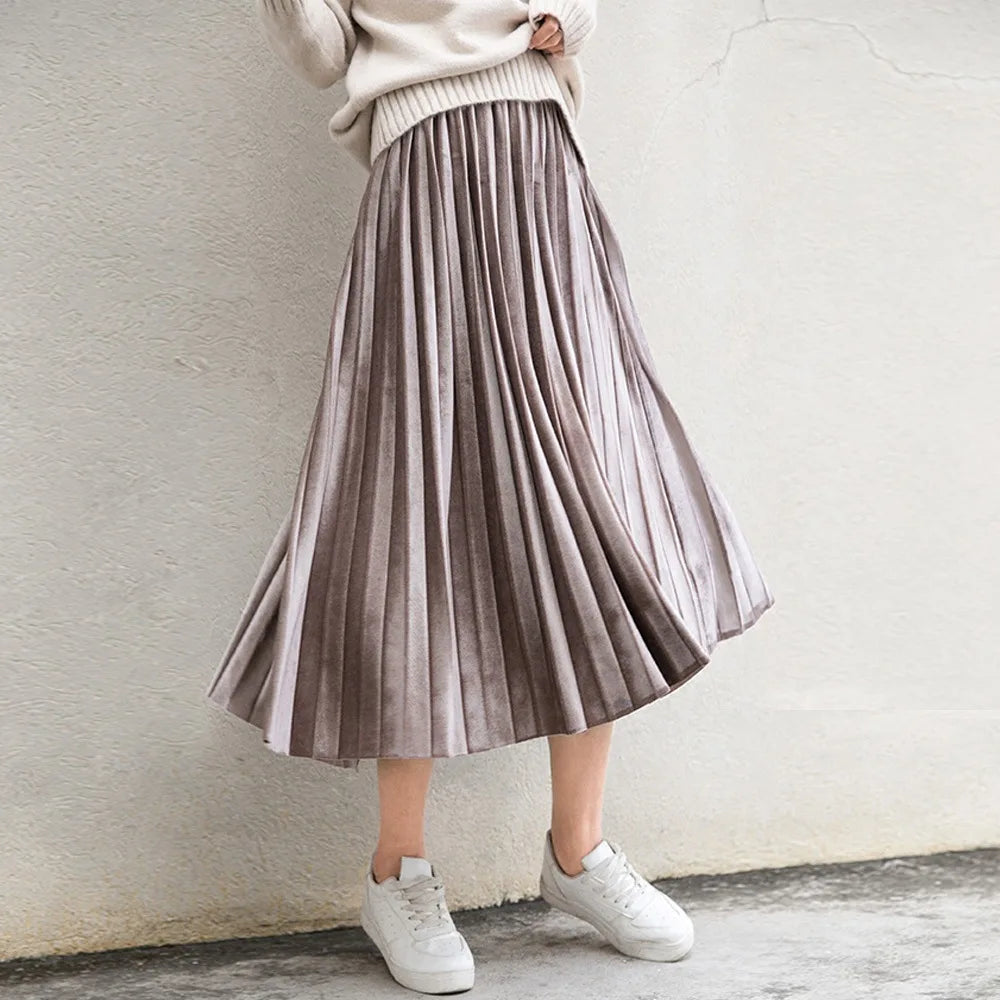 Women's Casual Attire Get The Latest Trends Metallic Silver Pleated High Waist Casual Party Skirt Midi Dresses