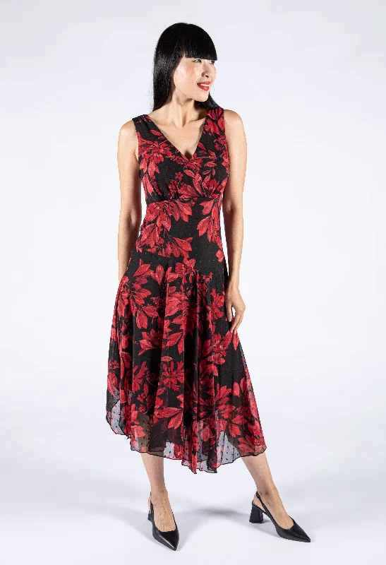 Women's High-Fashion Apparel Fashionista Sale Red Floral Sleeveless Dress