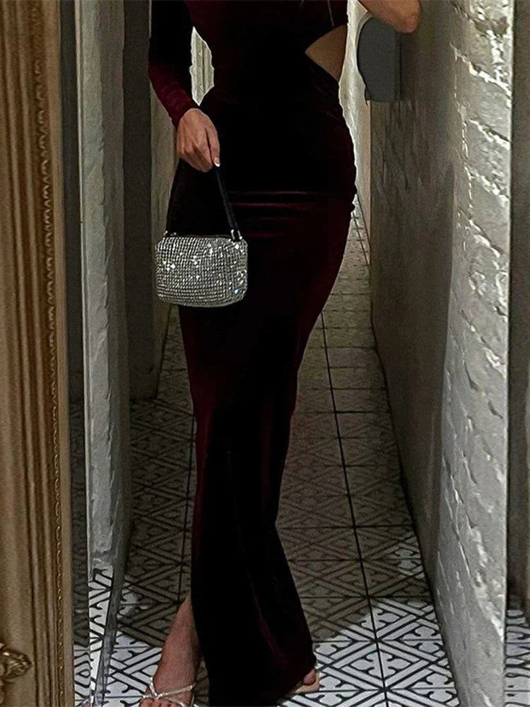 Women's Seasonal Clothes Limited Time Long Sleeve One Shoulder Velvet Cut Out Side Slit Party Elegant Evening 2024 Maxi Dress Women