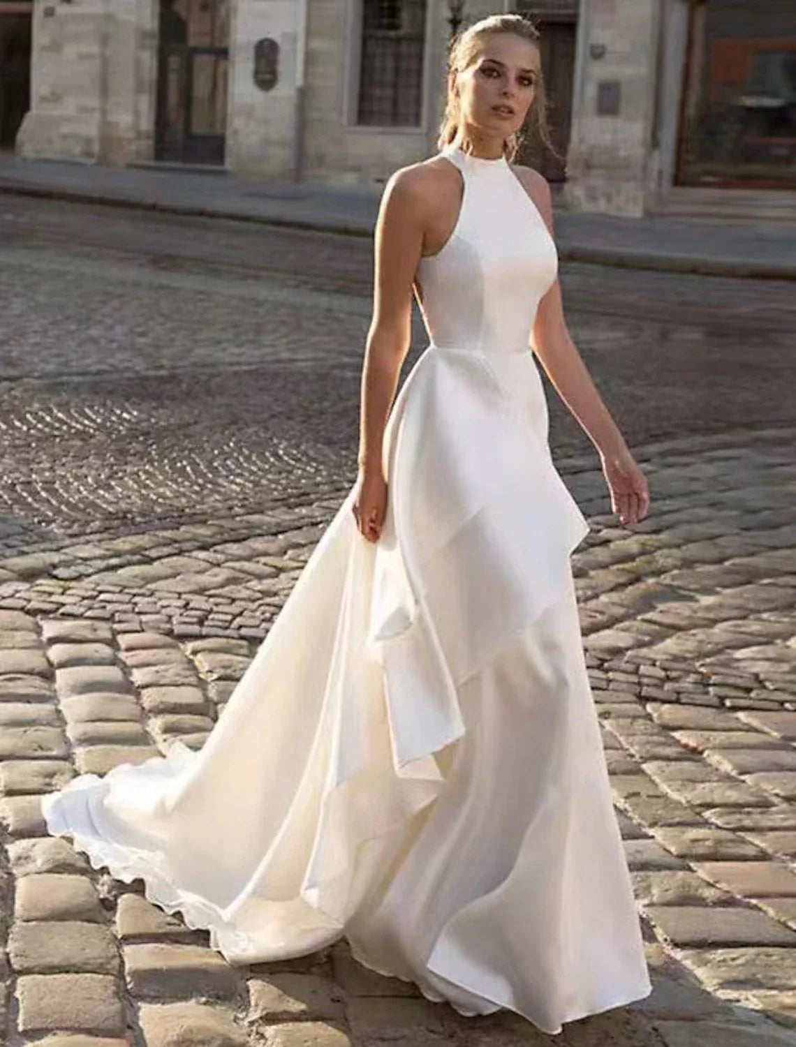 Women's Seasonal Apparel Flash Sale, Don'T Miss Reception Open Back Casual Wedding Dresses A-Line Halter Sleeveless Court Train Satin Bridal Gowns With Solid Color Summer Fall Wedding Party Women's Clothing