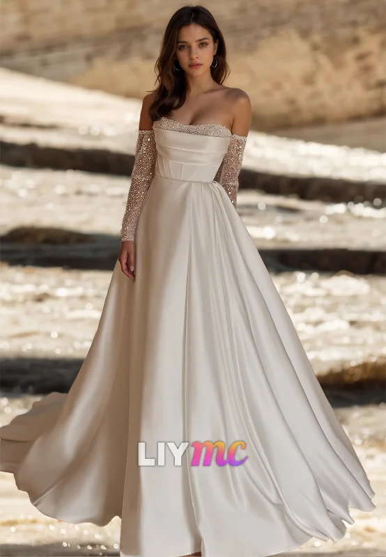 Tailored Clothing For Women Boutique Styles Straight Across Sleeveless Beaded Pleated Satin A-Line Wedding Dress