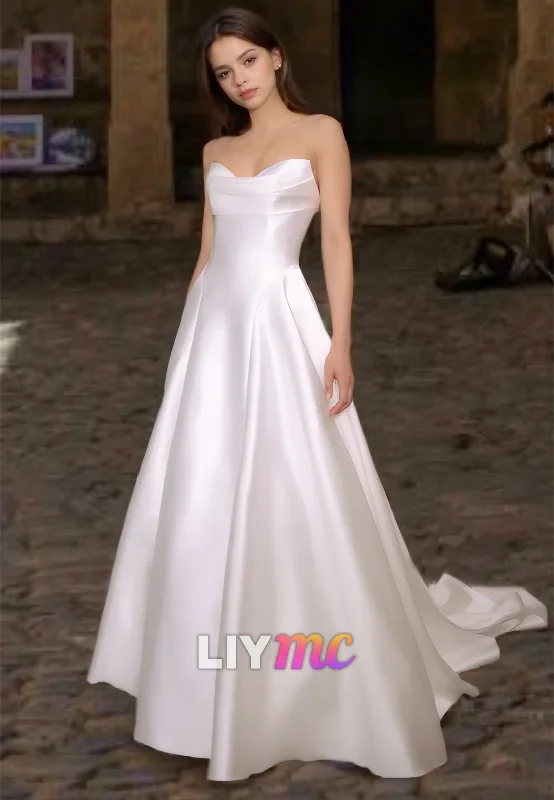 Women's Elegant Clothing Sets Playful Fashion Offers Strapless Sleeveless Sleek Pleated Satin A-Line Wedding Dress