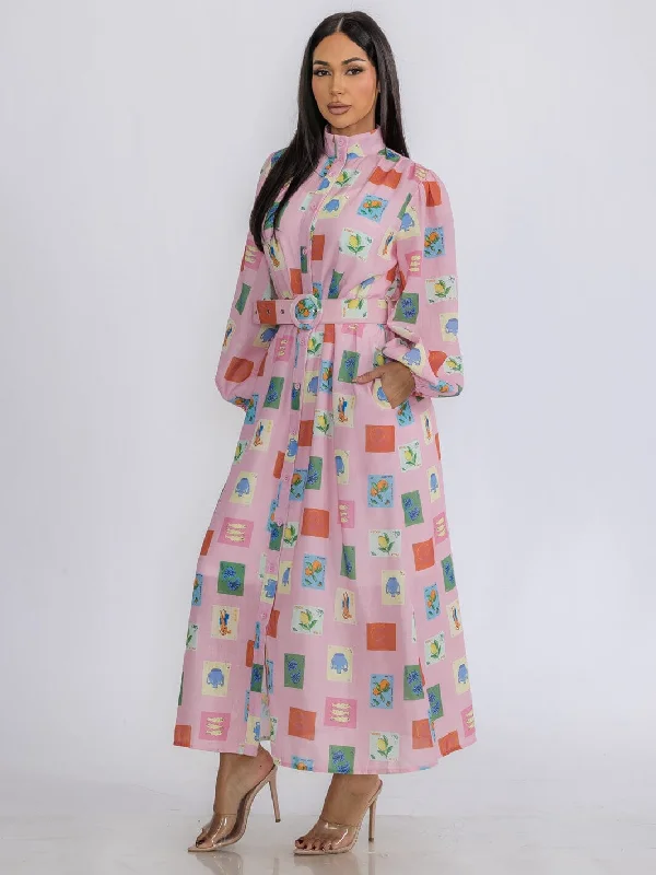 Women's High-Fashion Apparel Hot Picks WOMEN'S LONG SLEEVE BUTTON UP BELTED POCKETS MULTI PRINT MAXI DRESS