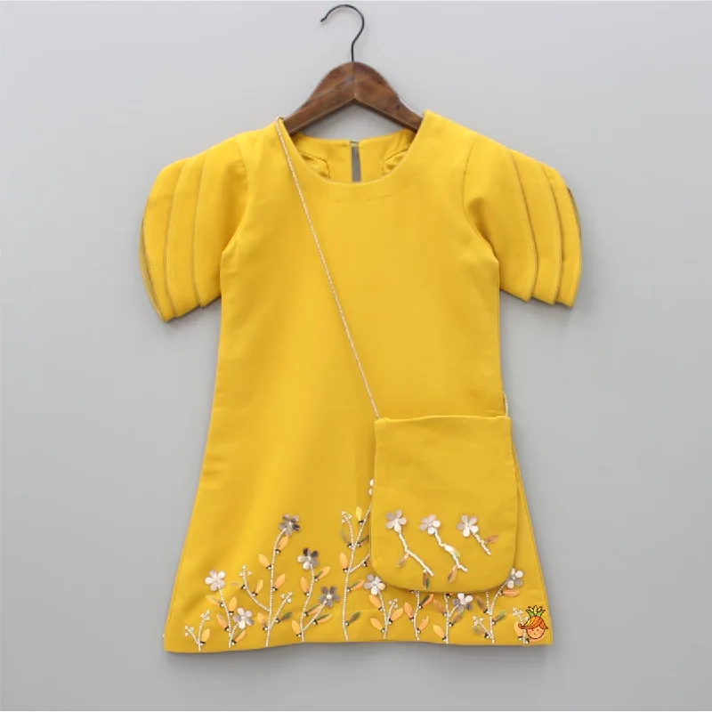 Women's Evening Garments Imeless Style Mustard Floral Embroidered Stylish Layered Sleeves Dress With Sling Bag