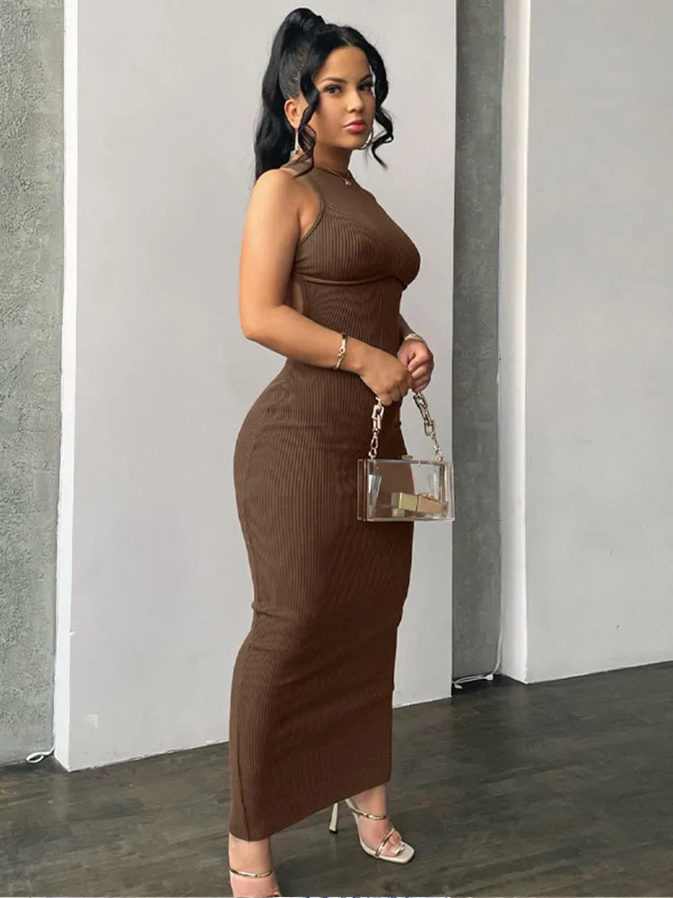 Women's Holiday Apparel Day-To-Night Styles Ribbed Hollow Backless Sleeveless Sexy Slit Mini Elegant Y2K Midi Dresses