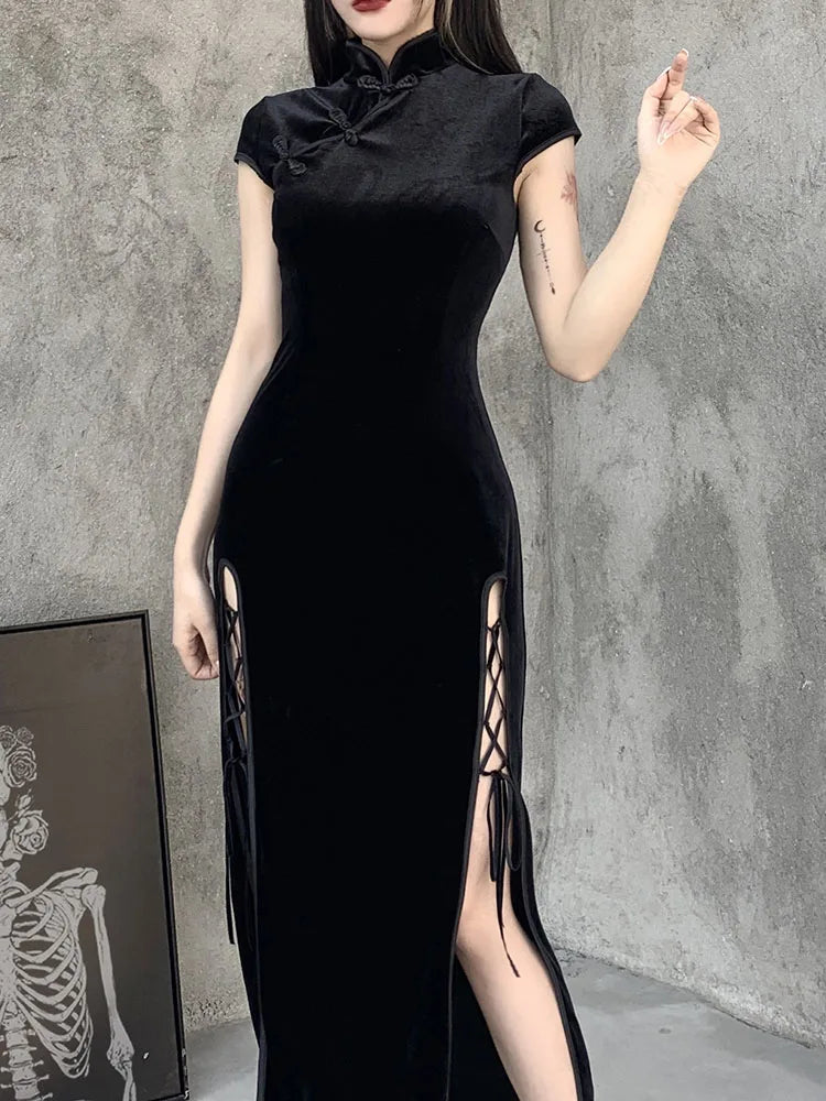 Women's Fashion-Forward Apparel Trendy Looks On Sale Romantic Gothic Aesthetic Vintage Black Sexy Evening Cheongsam Midi Dresses