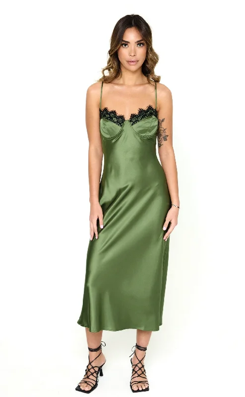 Timeless Women's Clothing New In This Season Green Lace Detail Satin Slip Dress