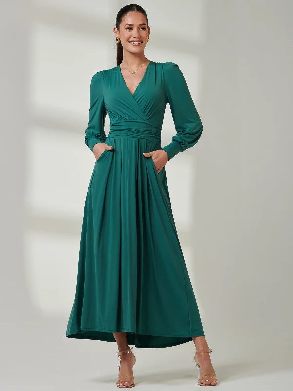 Women's Travel Outfit Set Smart Casual Deals Long Sleeve Super Soft Jersey Maxi Dress, Peacock Green