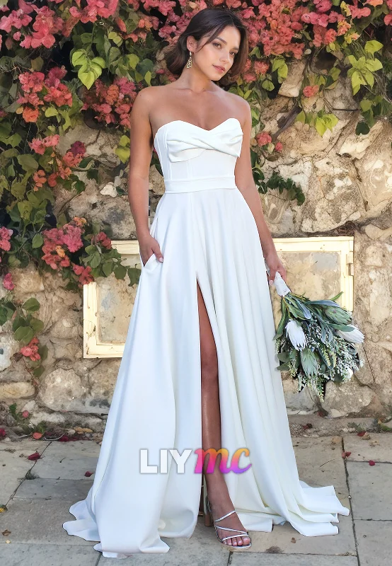 Affordable Women's Clothes Minimalist Fashion Sale Sweetheart Sleeveless Pleated A-Line Beach Wedding Dress