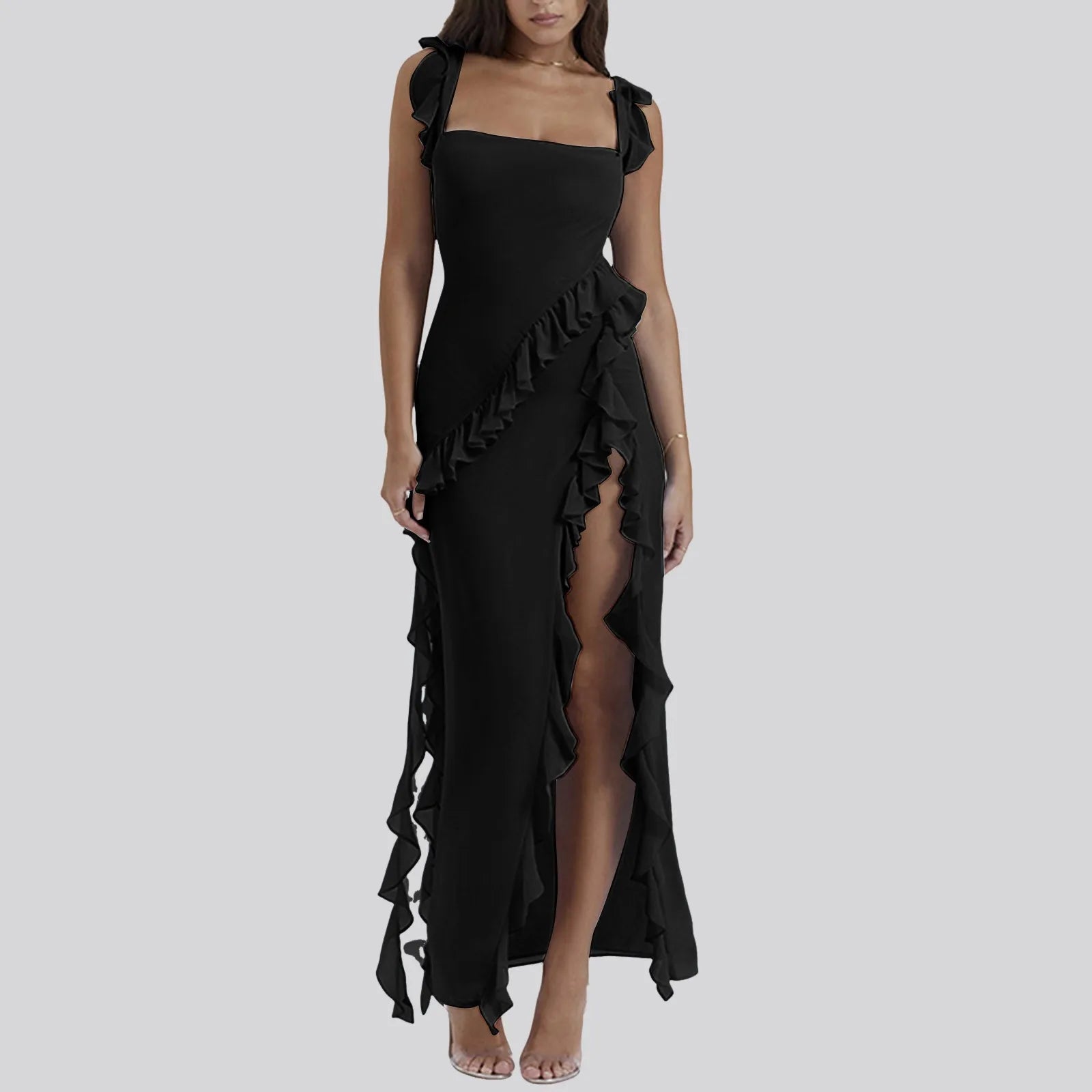 Women's Tailored Outfit Fashion Forward Femininity FashionSierra - Ruffles Chiffon Maxi Dress For Women 2024 Backless Split Sexy Black Long Wedding Party Elegant Luxury Chic Female