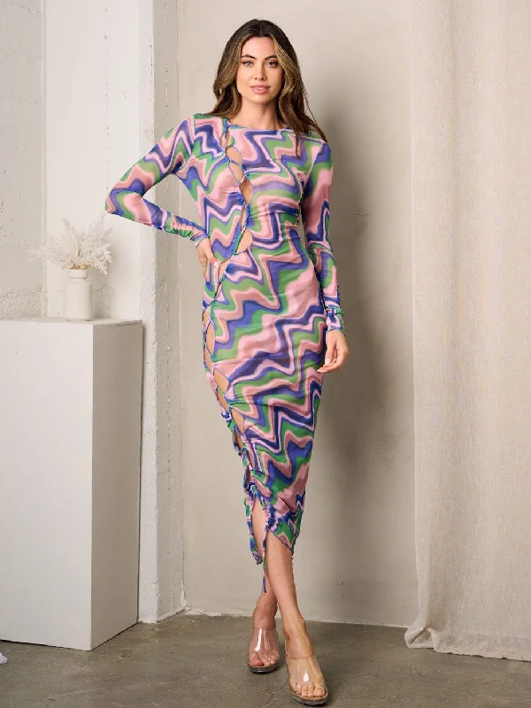 Chic Women's Garments Chic And Edgy WOMEN'S LONG SLEEVE CUT OUT MULTI COLORS MIDI DRESS