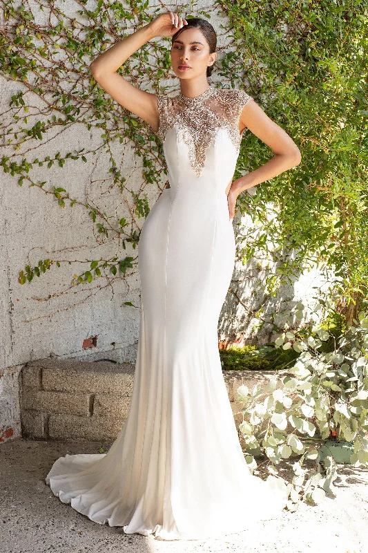 Women's Vacation Outfit Set On-Trend Fashion Offers Cinderella Divine CD71457 Beaded Stretch Knit Sheath Long Wedding Dress