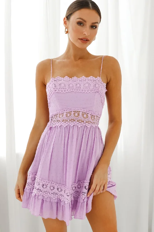 Charming Everyday Clothing For Women Chic Style, Always In Vogue Desert Nights Crochet Lace Trim Tied Back Sun Dress Lilac