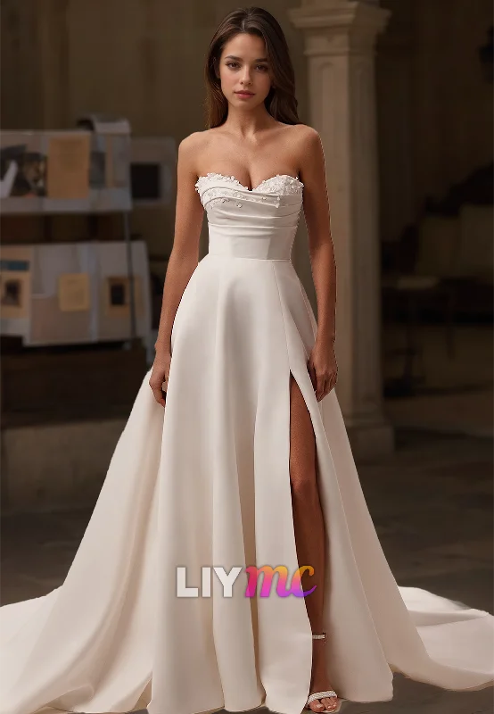 Women's Vintage-Inspired Outfit Playful Fashion Offers Sweetheart Strapless Pleated Sleek Satin Side Slit A-Line Wedding Dress