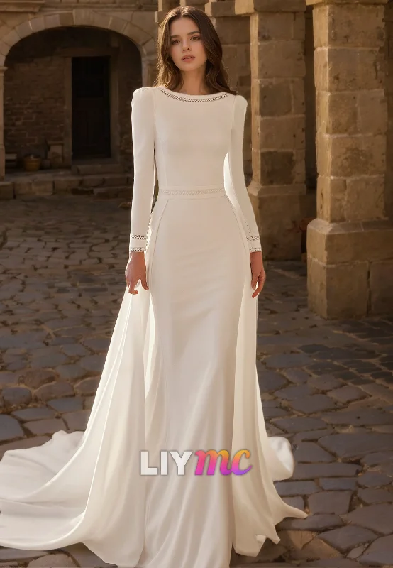 Women's High-Fashion Attire Limited Time Special Offer LW876 - Scoop Long Sleeves Sleek Satin Mermaid Long Beach Wedding Dress