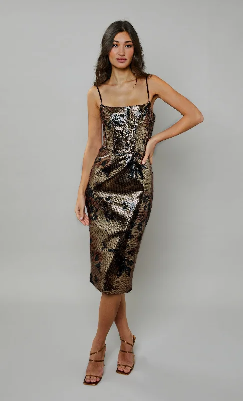 Women's Resort Attire Exclusive Deals Online Gold Sequin Floral Corset Midi Dress