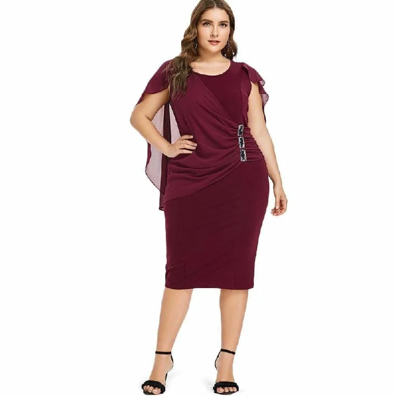 Affordable Women's Attire Style Revolution FashionSierra - Clearance Rhinestone Ruched Embellished Capelet Dress O-Neck Sleeveless