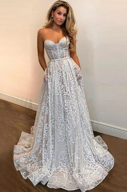 Vintage-Inspired Women's Clothes Season Sale A Line Sweetheart Strapless Sweep Train Lace Pockets Wedding Dress with Sequins