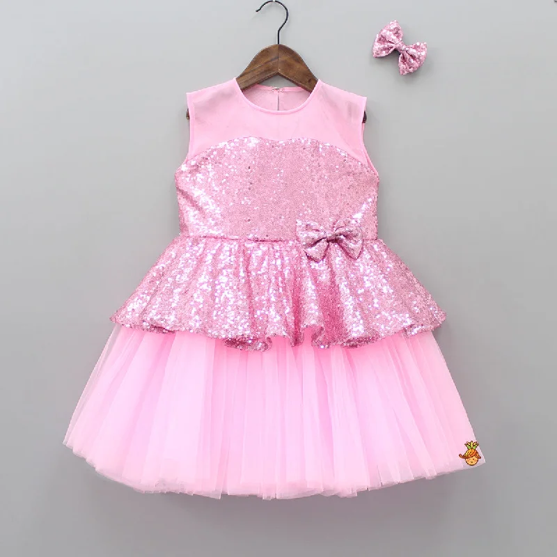 Comfortable Outfit For Women Limited Stock, Big Sale Pink Sequin Party Wear Dress With Hairclip