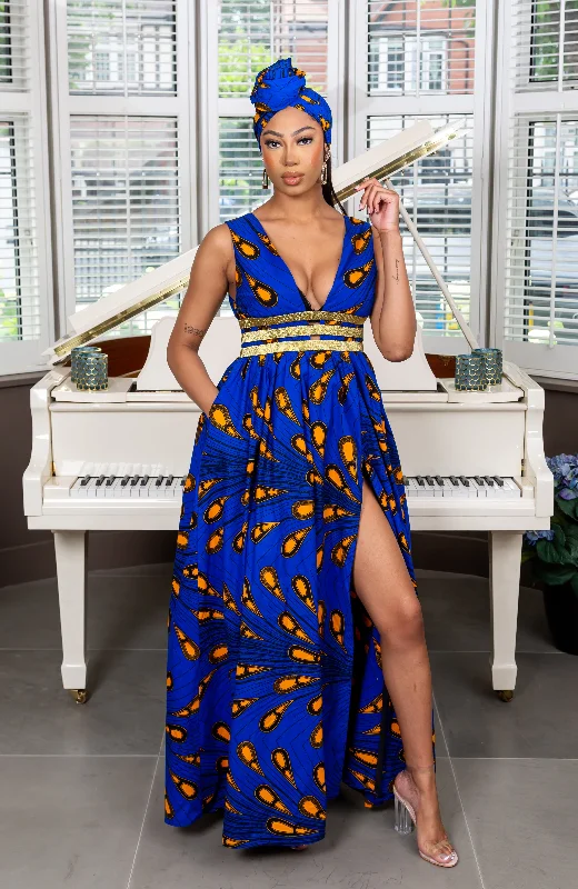 Women's Elegant Clothes Special Offers African Print Blue Plunge Neckline Maxi Dress - ELLA