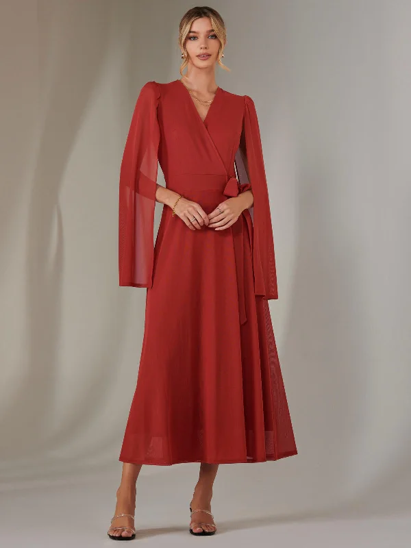 Women's Workout Garments New Season Fashion Preview Sale Amira Cape Sleeve Wrapped Maxi Dress, Brick Red