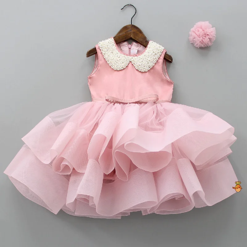 Charming Women's Garments Must-Have Style Discounts Elegant Pearls Embellished Onion Pink Ruffle Dress With Floral Hair Clip