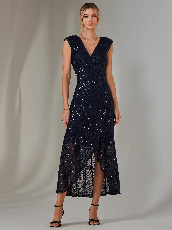 Women's Vintage Clothes Ride The Style Wave Sequin Ruffle Hem Maxi Dress, Navy