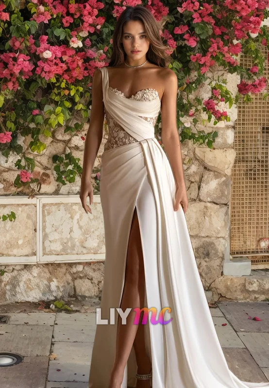 Women's Trendy Casual Outfit New Styles Just In Asymmetrical Sleeveless Appliques Pleated High Slit Boho Wedding Dress