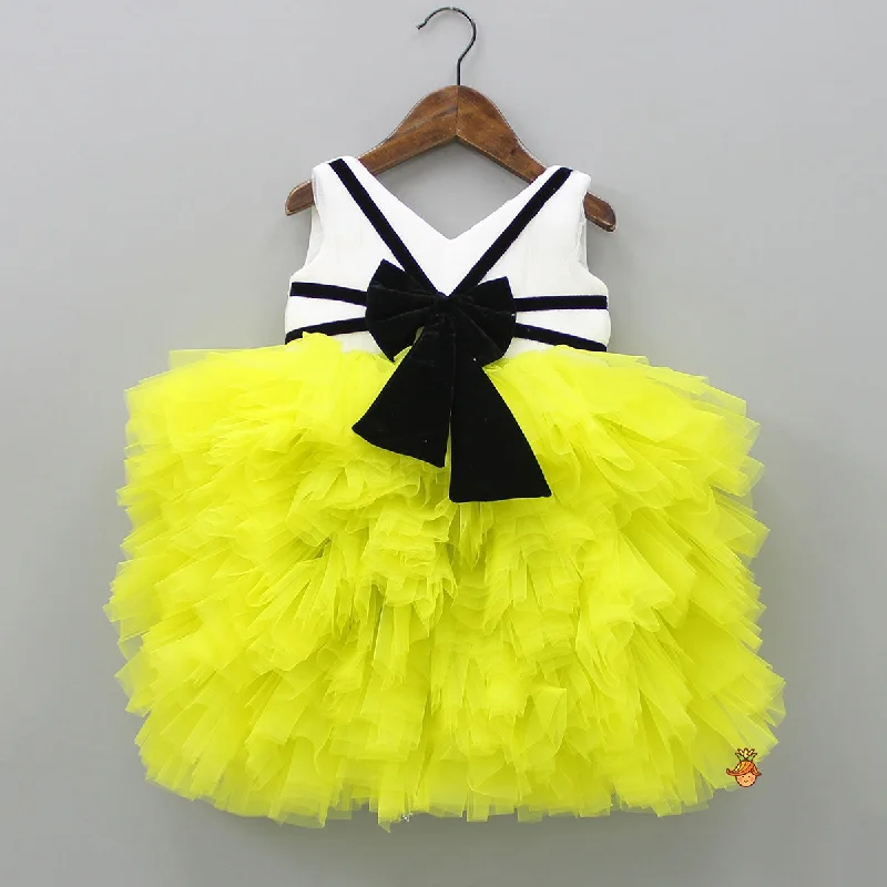 Women's Luxury Attire Hot Styles Pin Tuck Detailed Ruffle Frilly White And Lime Green Party Dress