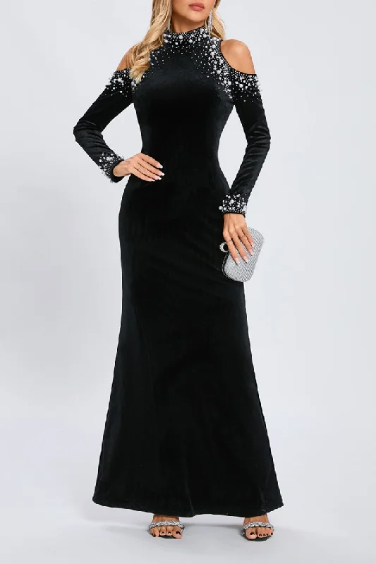 Women's Clothing Apparel Easy Elegance Sales Sparkly Crystal Faux Pearl Cold Shoulder Long Sleeve Velvet Evening Maxi Dress