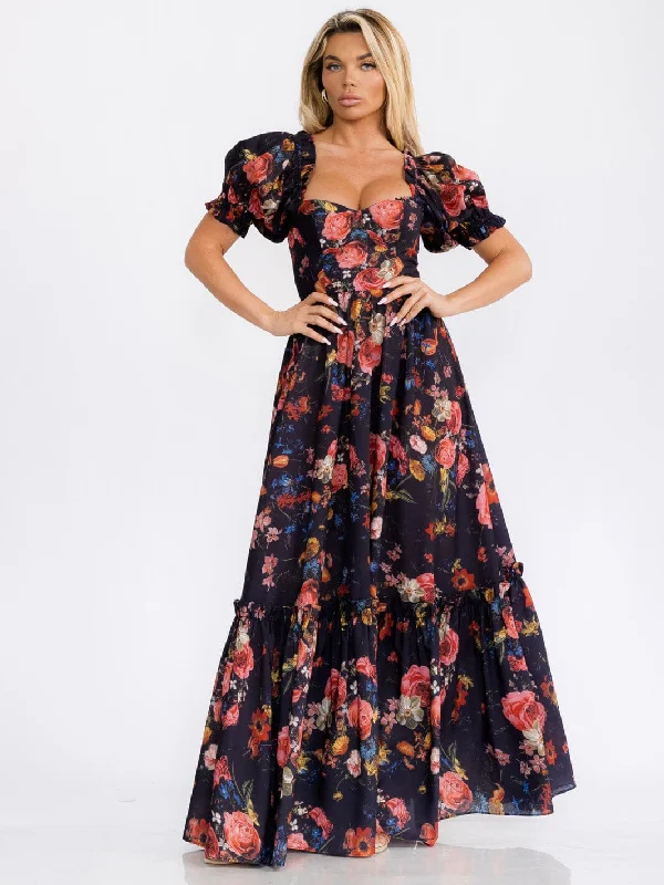 Affordable Women's Clothing Style Breakthroughs WOMEN'S SHORT PUFF SLEEVES FLORAL MAXI DRESS