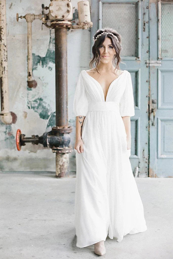 Plus-Size Women's Clothing Relaxed Style Deals A Line Ivory Chiffon V neck Wedding Dresses, Half Sleeves Long Wedding Gowns