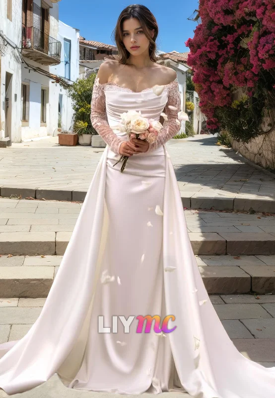 Stylish Women's Garments For Holidays Mega Sale Off-Shoulder Appliques Long Sleeves Sleek Satin Mermaid Wedding Dress