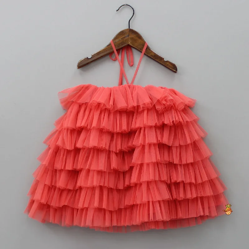 Women's Trendy Clothing Shop The Hottest Deals Peachish Pink Backless Net Ruffle Dress