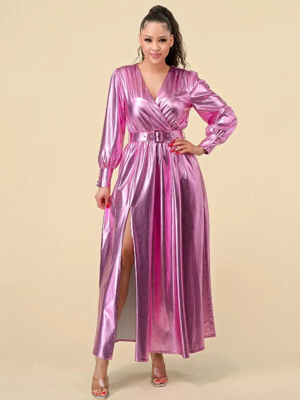 Women's Elegant Evening Outfit Luxury Fashion Discounts WOMEN'S LONG SLEEVES SURPLICE FRONT SLIT BELTED METALLIC MAXI DRESS