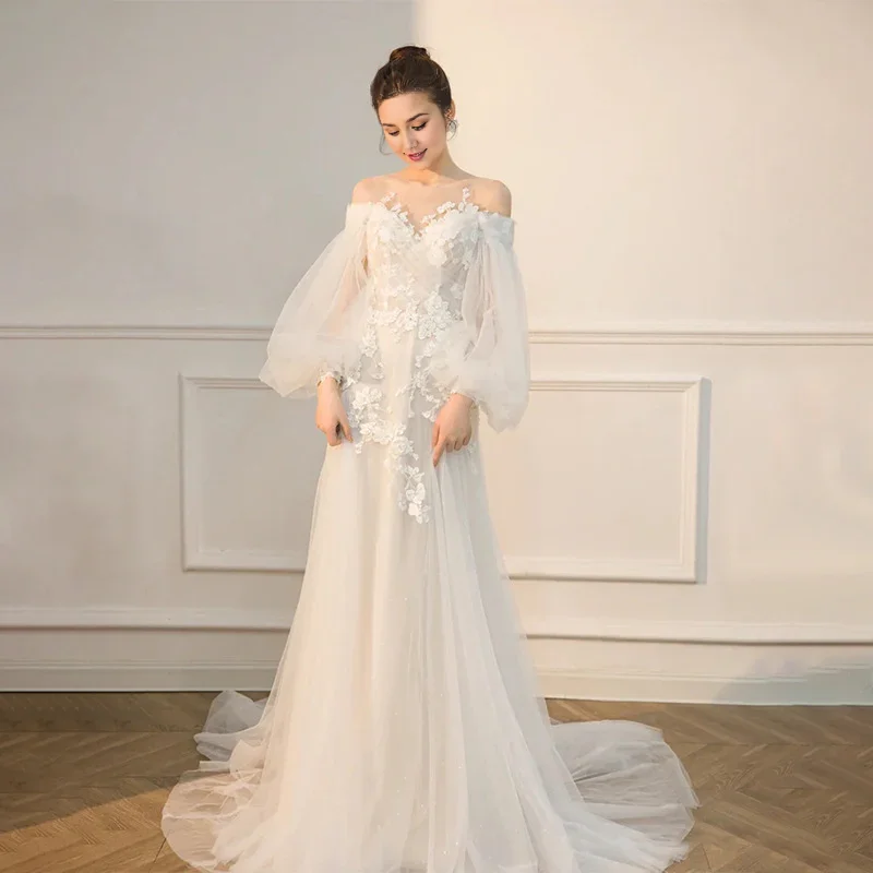 Women's Activewear Apparel Timeless Style Promotions Wedding Dress Long Sleeves Fairy Bridal Off Shoulder Train Lace Applique Formal Wear Dresses