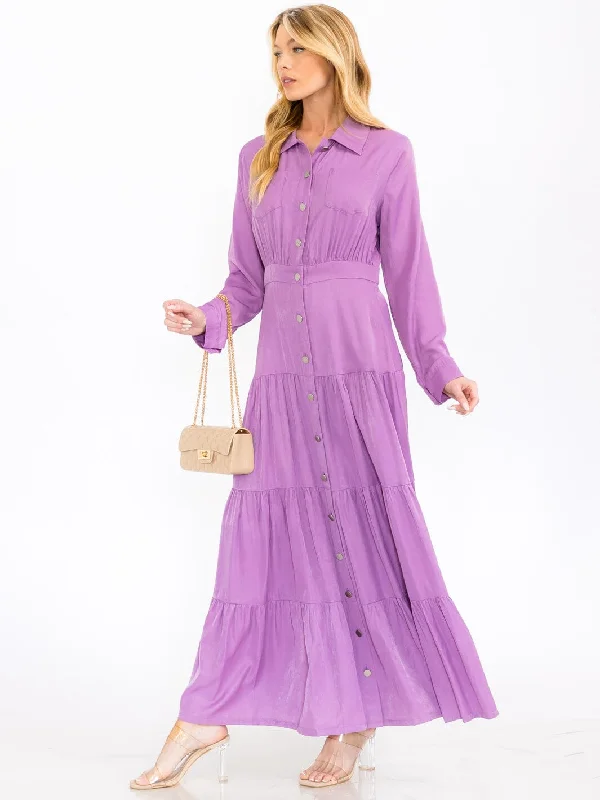 Women's Fashion Clothes Chic Style, Always In Vogue WOMEN'S LONG SLEEVE BUTTON UP TIERED MAXI DRESS