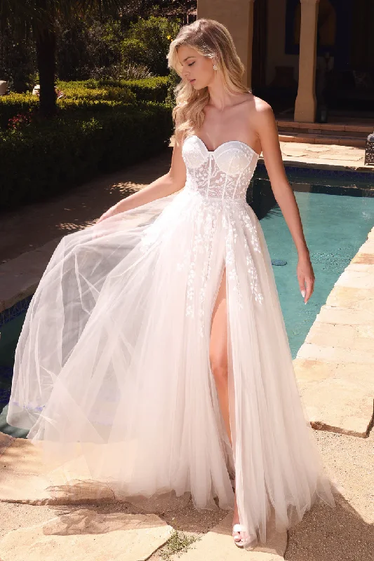 Women's Elegant Outfit Must Haves Wedding Dress Sweetheart Bodice Strapless A-Line Tulle Skirt Beautiful Layered Lace Applique Open Back Side Fork Formal Wear Dresses