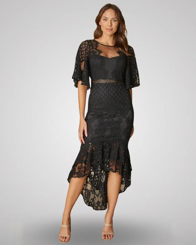 Women's Effortless Casual Outfit Step Ahead, Lead The Trend Reyna Lace Midi Dress - Black