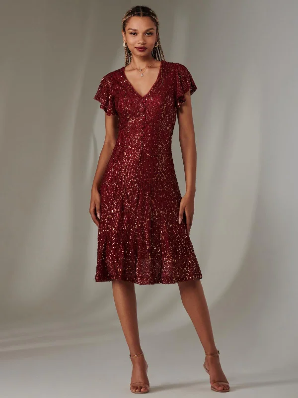 Chic Women's Garments Spring Fashion Sequin Fit & Flare Midi Dress, Burgundy Multi