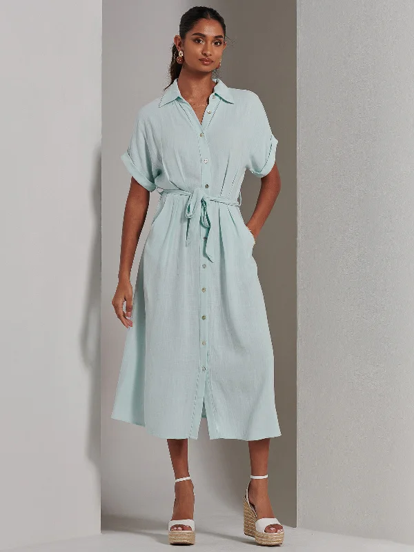 Women's Clothes For Work Events Hot Styles Jessie Linen Shirt Midi Dress, Light Blue