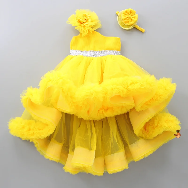 Women's Everyday Apparel Sleek Style Discounts One Shoulder Ruffle Hem High Low Yellow Dress With Matching Head Band