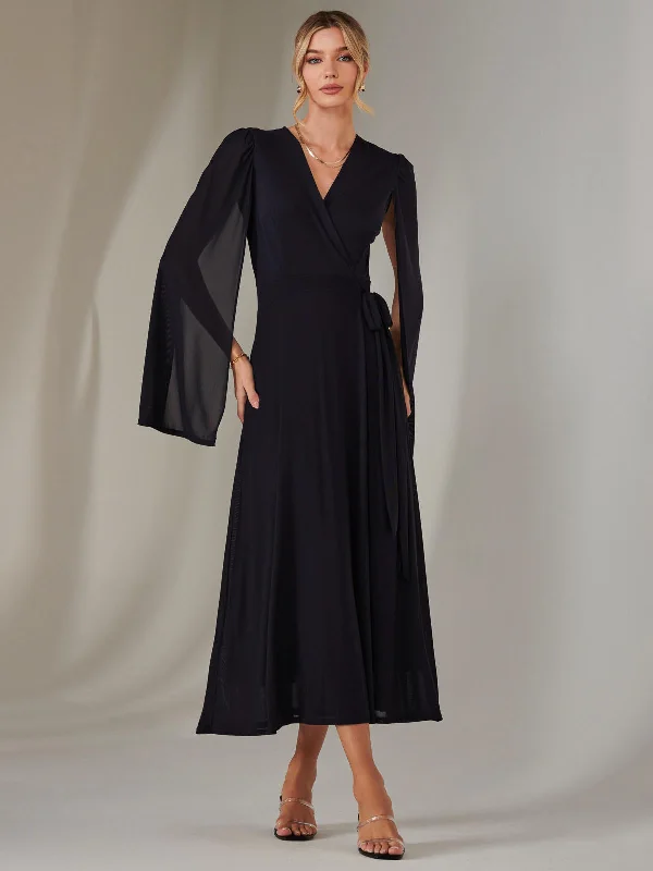 Vintage-Inspired Women's Apparel Must Haves Amira Cape Sleeve Wrapped Maxi Dress, Navy