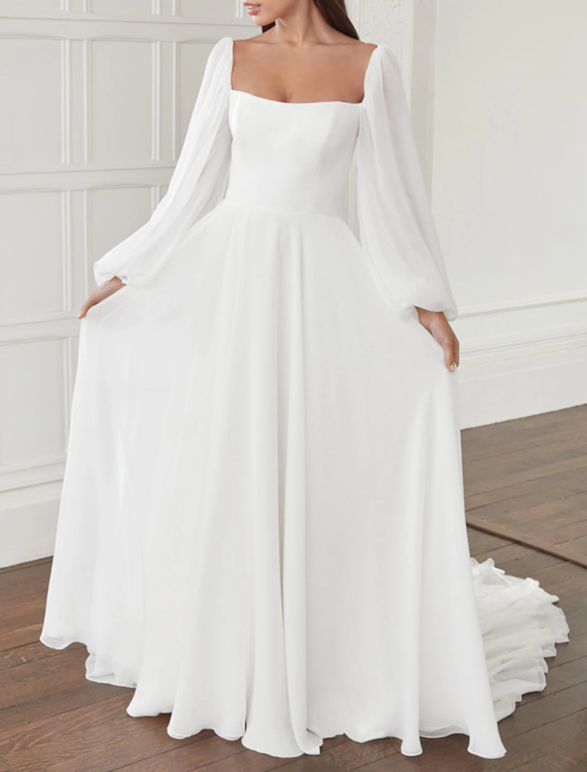 Fashion-Forward Women's Clothing Fashionista Sale Hall Casual Wedding Dresses A-Line Square Neck Long Sleeve Court Train Chiffon Bridal Gowns With Bow(s) Solid Color