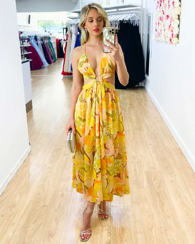 Women's Elegant Clothing Sets Modish Fashion Discounts Nina Chiffon Midi Dress - Yellow Floral